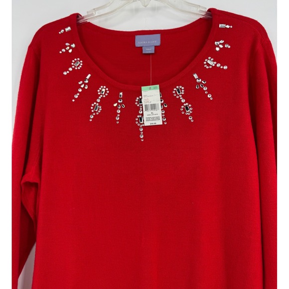 Laura Scott Red Dress Up Embellished Long Sleeve Office Sweater Preppy Holiday - Picture 3 of 7